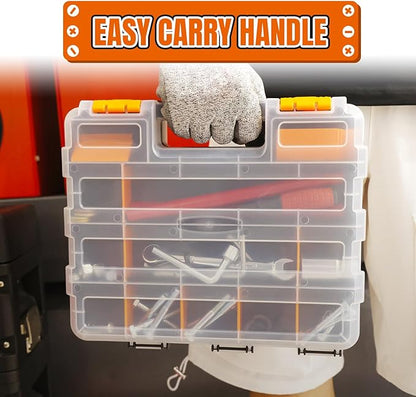 Tool Box with Transparent Lid, Double Side 34-Compartments Organizer Box with Removable Dividers for Hardware, Screws, Bolts, Nails, Beads, Jewelry and Fishing Accessories, Orange, 2 Pack