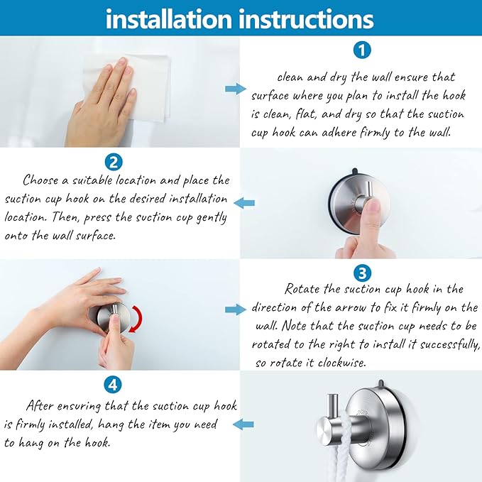 DGYB Suction Cup Hooks for Shower Set of 2 Brushed Nickel Towel Hooks for Bathrooms SUS 304 Stainless Steel Shower Hook for Loofah 15 Lb Bathroom Hook for Towels