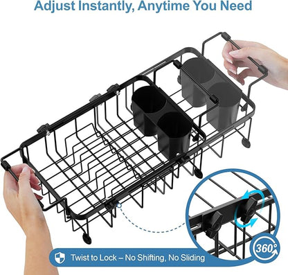 iSPECLE Small Sink Dish Drying Rack, Capacity Expandable Narrow Dish Drainer for RV Kitchen Counter with Cup Holder and Utensil Holder, Fit for 12"~18.3" Sink, Black
