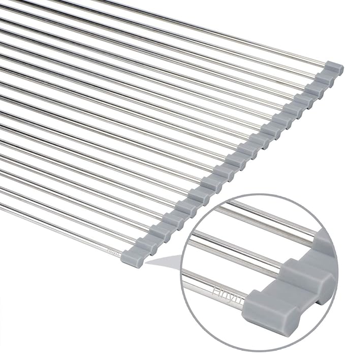 Hhyn Roll-Up Sink Drying Rack 17.7"(L) x 13.8"(W) - Multipurpose Heat Resistant Over The Stainless Steel & Silicone Dish Rollable Kitchen Drainer, Gray