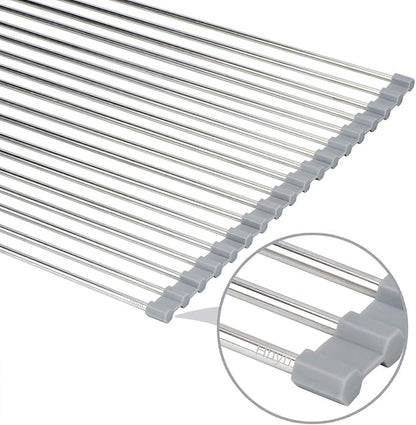 Hhyn Roll-Up Sink Drying Rack 17.7"(L) x 13.8"(W) - Multipurpose Heat Resistant Over The Stainless Steel & Silicone Dish Rollable Kitchen Drainer, Gray