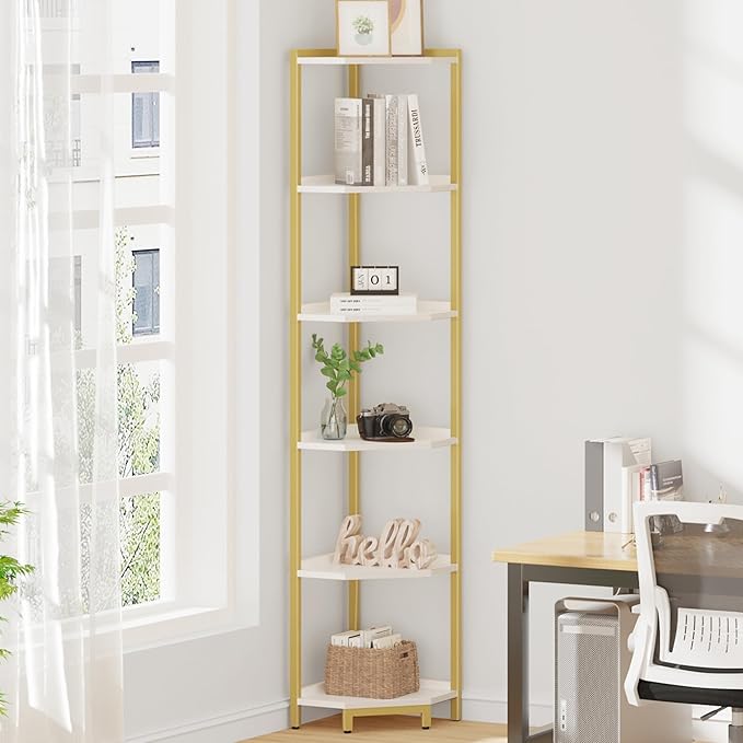 Corner Shelf Stand, Corner Bookshelf, Storage Standing Shelf Unit with Metal Frame, Plant Stand, Corner Bookcase for Living Room, Home Office, Bedroom, 6-Tier White Gold CS06003A