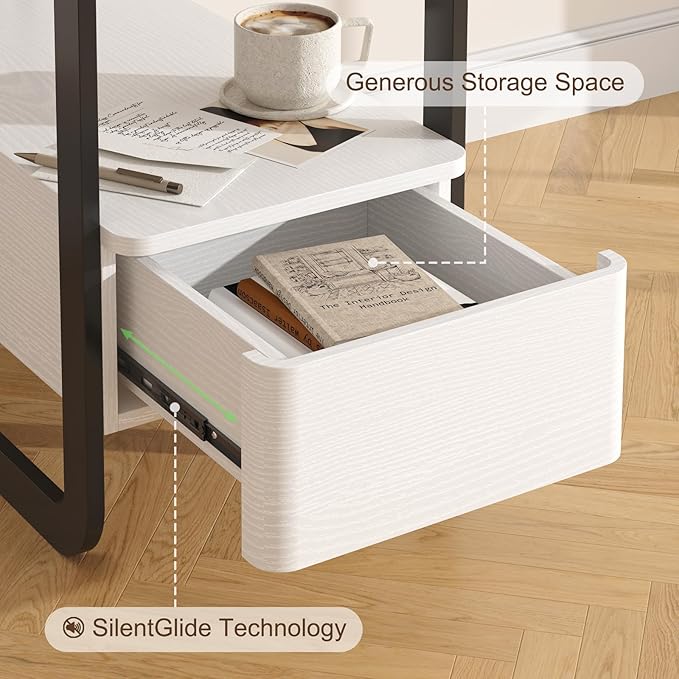 Narrow Side Table, End Table with Drawer& Storage Shelves, Modern Sofa Couch Table Curved Bedside Table for Living Room Bedroom, Narrow Nightstand with Thickening Iron Shelves for Small Space, White