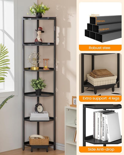 Corner Shelf Stand, Corner Bookshelf, Storage Standing Shelf Unit with Metal Frame, Plant Stand, Corner Bookcase for Living Room, Home Office, Bedroom, 6-Tier Black CS06006B