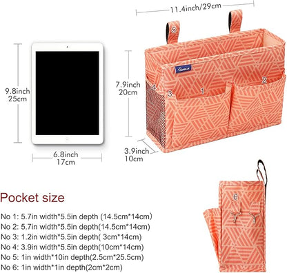 Surblue Bedside Caddy Hanging Bed Organizer Storage Bag Pocket for Bunk and Hospital Beds, College Dorm Rooms Baby Bed Rails,Camp Chiars，Wheelchair Side Bag，4 Pockets and 2 Hooks (Orange Plaid)