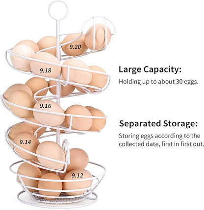 White Spiral Egg Holder Countertop, Metal Egg Skelter, Egg Dispenser Rack with Storage Basket for Countertop, Kitchen