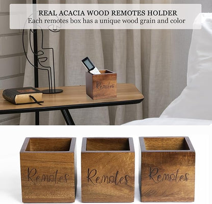 Acacia Wood TV Remote Holder, Caddy and Organizer for Table, Vintage Farmhouse Desk Caddy (Brown for 2 or 3 Remote Controls)