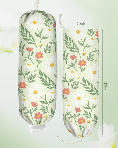 Plastic Bag Holder, Grocery Bag Organizer - 1 Pack Cute Kitchen Dispenser Holders Reusable Shopping Western Hanging Wall with Adjustment Drawstring Closure for Women Home, Daisy