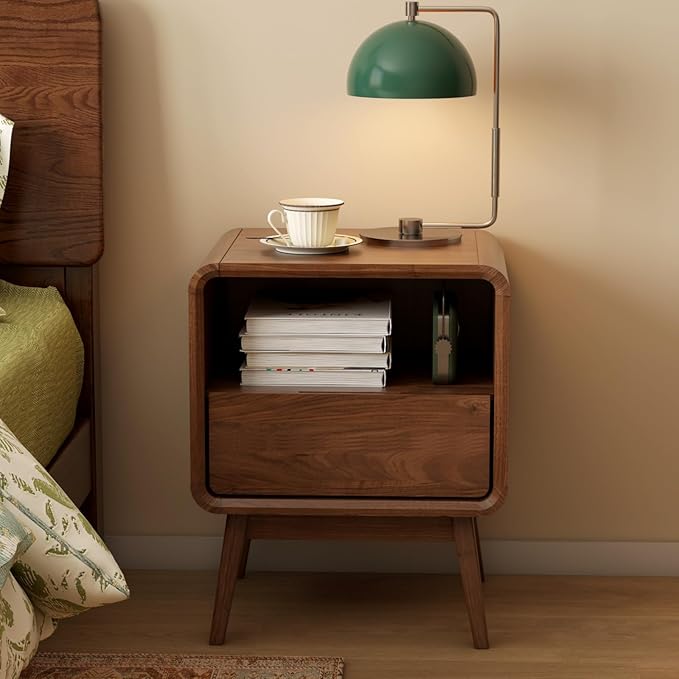 Vadisun 100% Solid Wood Nightstand, Walnut Night Stand with Drawer and Open Shelf, Mid Century Nightstand, Wooden Nightstands, Small Nightstands for Small Spaces Bedroom(Dark Black Walnut, 20.47" H)