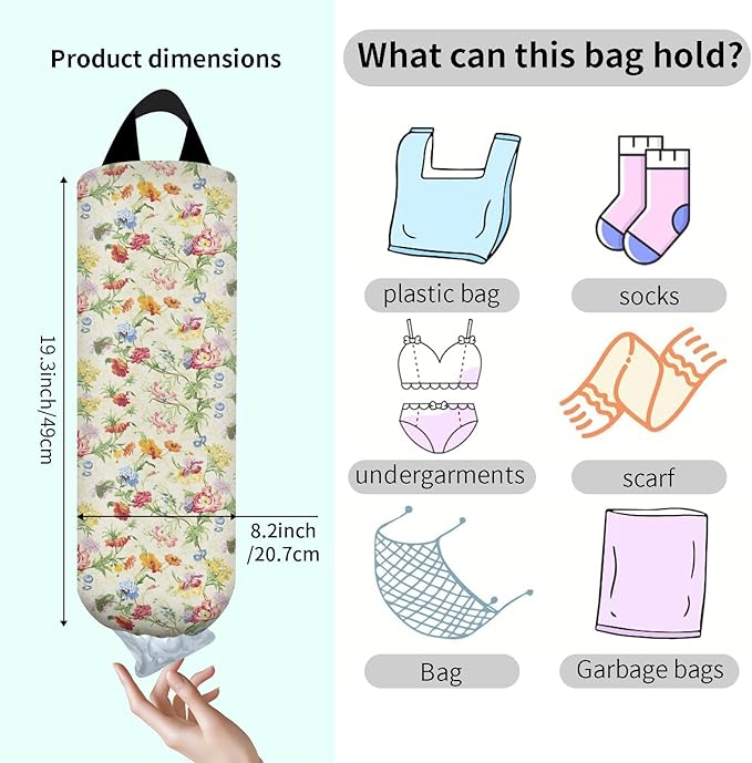 Plastic Bag Holder, Wall Mount Grocery Bag Organizer, Funny Hanging Trash Bag Storage Dispenser for Home Kitchen Colorful Floral