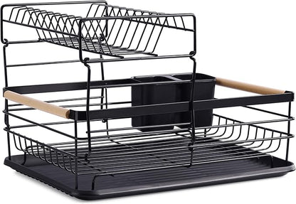 Navaris 2 Tier Dish Rack - Compact Drying Kitchen Board with Drip Tray & Cutlery Holder - Easy to Assemble and Clean Dishes - Sink Drainer Rack - Black