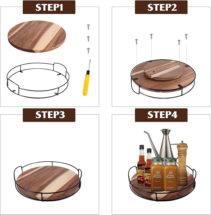 Acacia Wood Lazy Susan with Handles, 12.5" Organizer Turntable, Steel Sided, 360 Degree for Countertop or Dining Table (Black)
