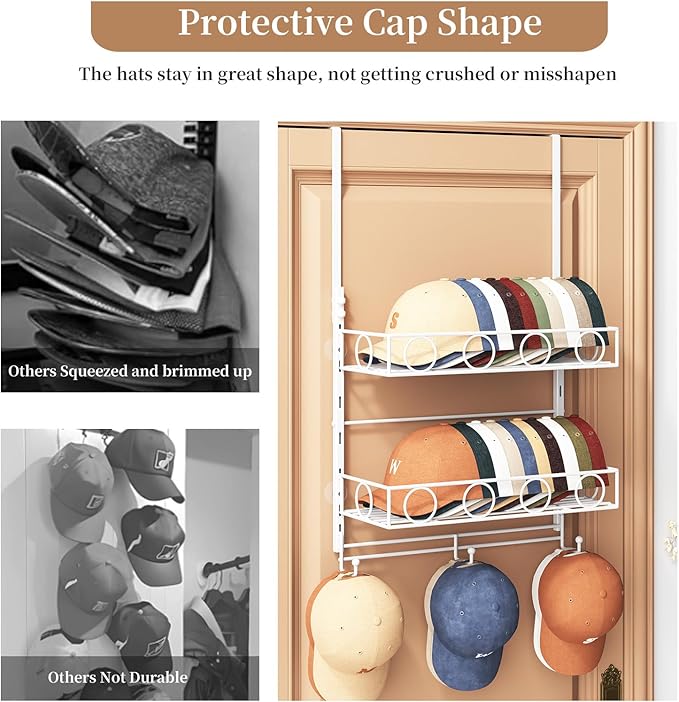 Over Door Hat Organizer 3 Tier Wall Mounted Hat Rack with 2 Adjustable Metal Basket and 3 Hooks Hat Organizer for Baseball caps Hat Hanger Holder Display for Door Closet, Cap Organizer Storage
