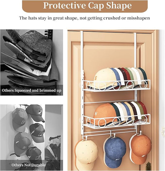 Over Door Hat Organizer 3 Tier Wall Mounted Hat Rack with 2 Adjustable Metal Basket and 3 Hooks Hat Organizer for Baseball caps Hat Hanger Holder Display for Door Closet, Cap Organizer Storage