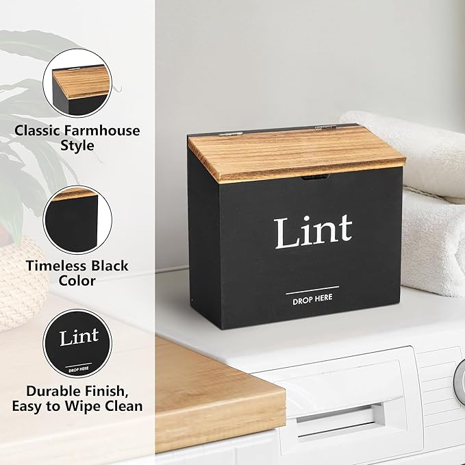 Magnetic Lint Bin for Laundry Room - Compact Size, Wooden Dryer Lint Holder with Lid - Rustic Lint Box, Magnetic Bin - Modern Farmhouse Laundry Room Decor, Black with Torched Lid