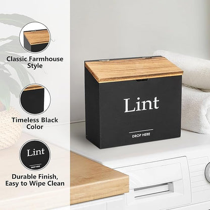 Magnetic Lint Bin for Laundry Room - Compact Size, Wooden Dryer Lint Holder with Lid - Rustic Lint Box, Magnetic Bin - Modern Farmhouse Laundry Room Decor, Black with Torched Lid
