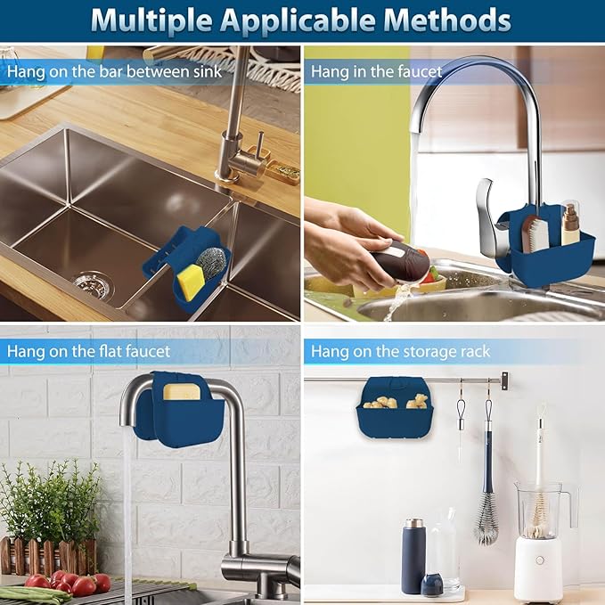 VPASION Sponge Holder for Kitchen Sink, Silicone Sink Saddle Caddy Organizer Rack, Sponges Holder Over Faucet, Hanging Kitchen Organizer Accessories Rack Basket Navy Blue