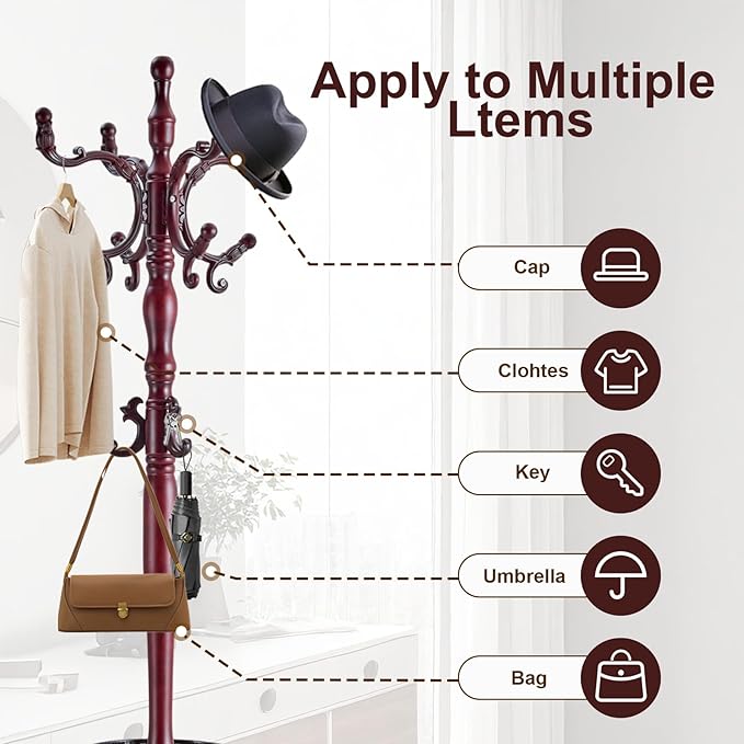 Solid Wood Coat Rack – Freestanding Coat Racks Stand with Hooks & Stable Base, Adjustable Height Modern Wooden Hall Tree for Entryway, Bedroom, Office, Home (H12 Mahogany)