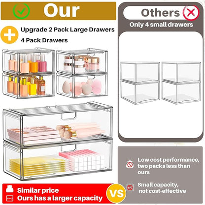 caktraie Acrylic Storage Drawers Set of 6, Clear Makeup Organizer, Plastic Organizer Bins for Beauty Supplies,Ideal for Vanity, Bathroom,Cabinet,Pantry Organization