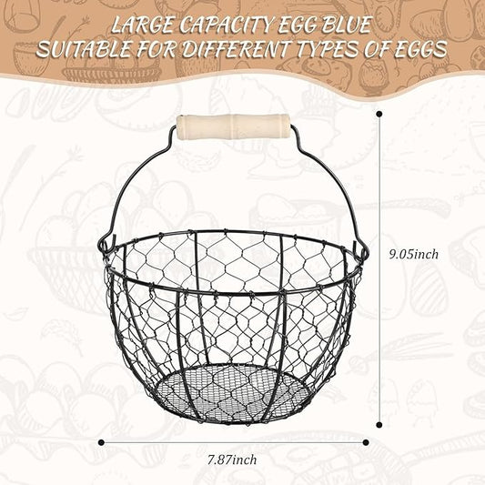 Egg Basket With Handle,Wire Egg Basket for Gathering Fresh Eggs, Round Egg Collecting Basket for Farm,Vintage Style Chicken and Duck Eggs Basket Egg Countertop Storage Container Holder ﻿