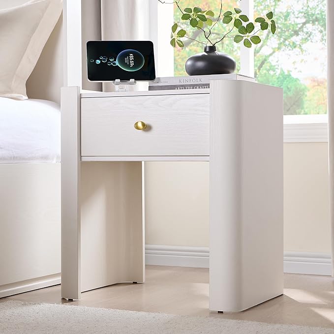 IFGET 23.6" Tall Modern Nightstand with Charging Station, 22" Wide Curved Bedside Table with 1 Storage Drawer, Wooden Night Stand, Large End Table for Bedroom, Living Room, White