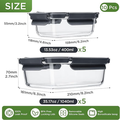 Spreccio Glass Food Storage Containers with Lids,10 pack [36oz*5+13.5oz*5], Glass Meal Prep Container with Airtight Lids, Microwave Safe Food Container Set, BPA Free, LeakProof, Ideal for Lunch