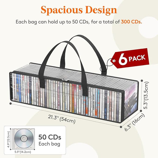 Lifewit CD Storage Bags, Clear PVC Plastic CD Case Holder with Handles, Front Window Zipper Design, Stackable Media Organizer Box for Albums, Hold up to 300 Pcs CDs (50 Each), 6 Pack