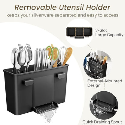 SNTD Dish Drying Rack - Small Dish Rack for Kitchen Counter, Stainless Steel Dish Drainer with Utensil Holder and Drainboard, 11" W x 15" L (Black)