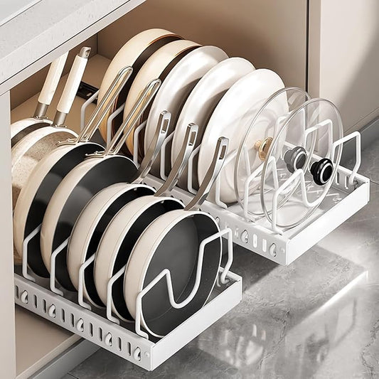 Mnftive pots and pans organizer under cabinet,pot lid organizers inside cabinet holders for kitchen,Horizontal and vertical pulling modes,cast iron storage (Black Vertical pull-out)