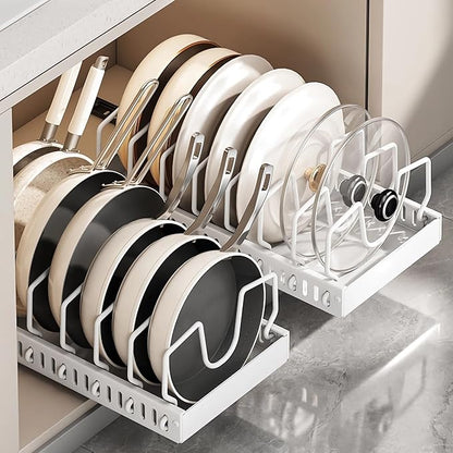 Mnftive pots and pans organizer under cabinet,pot lid organizers inside cabinet holders for kitchen,Horizontal and vertical pulling modes,cast iron storage (White vertical pull-out)