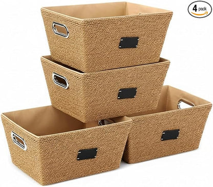 4 Pack 12 Inch Recycled Wicker Storage Basket with Labels and Handles Woven Storage Bins with Label Wicker Snack Basket Paper Rope Organizer Baskets Bins for Kitchen Office
