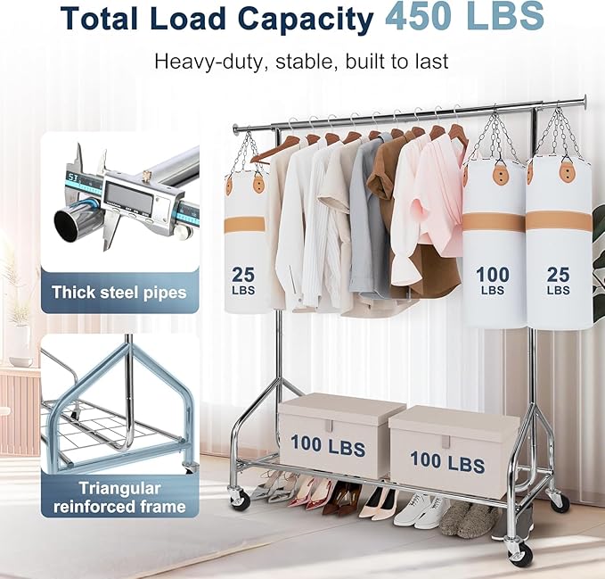 Whitmor Heavy Duty Clothes Rack, Rolling Garment Rack with Lockable Wheels, Adjustable & Extendable Metal Clothing Rack Shelves with Bottom Shelf, Max Load 450LBS for Hanging Clothes, Chrome