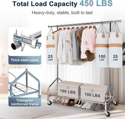 Whitmor Heavy Duty Clothes Rack, Rolling Garment Rack with Lockable Wheels, Adjustable & Extendable Metal Clothing Rack Shelves with Bottom Shelf, Max Load 450LBS for Hanging Clothes, Chrome