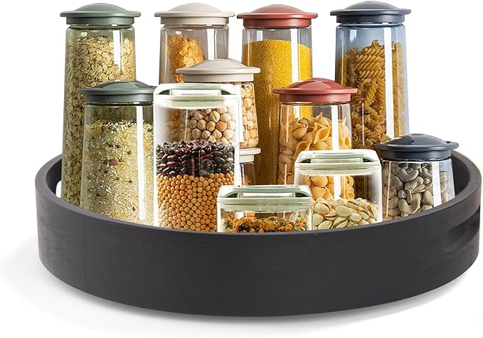 13in Bamboo Lazy Susan Organizer Turntable for Cabinet for Table Top, Spice Organization Round Rotating Serving Tray Turntable Seasoning Organizer for Kitchen(Black Bamboo)