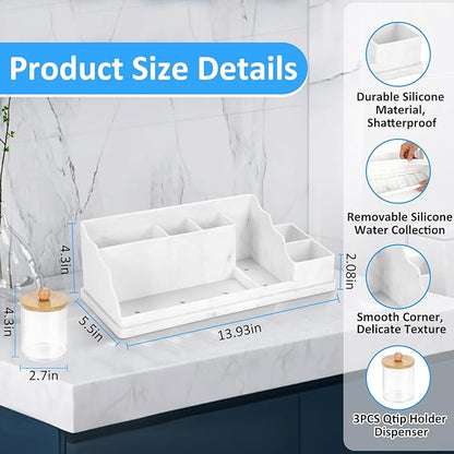 Bathroom Counter Organizer, White Silicone Toothbrush Holders for Bathrooms Organizer Countertop with 3PCS Qtip Holder, Toothbrush and Toothpaste Holder for Bathroom Organization Storage Vanity