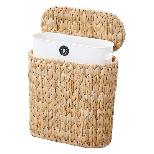 3 Gallon Wicker Trash Can with Lid and Liner,Small Bathroom Trash Cans,Woven Rattan Narrow Waste Basket for Bedroom,Home Office,Natural Water Hyacinth