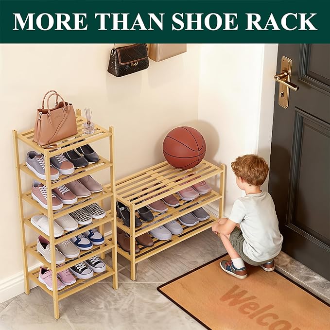 Smiry Long Bamboo Shoe Rack 4-Tier, Stackable Wooden Shoe Organizer for Entryway & Closet, Free Standing Wood Shoe Storage Shelf for Front Door & Small Spaces, Natural