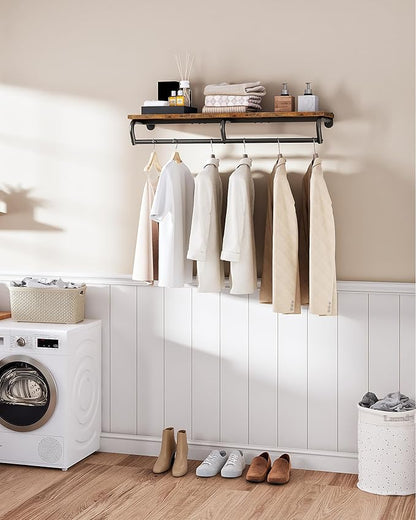 Wall Mounted Clothes Rack, Metal Garment Rack with Top Shelf, Laundry Storage Shelf with Hanging Rod, for Laundry Room, Bedroom, Entryway and Storage Room, Rustic Brown and Black TYM02BF