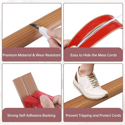 Floor Cord Cover Self Adhesive Cord Hider Floor Extension Cord Covers for Floor Power Cord Protector Cable Management Prevent Cable Trips Cable Cavity 0.47" W x 0.27" H (Light Brown Wood, 20Ft)