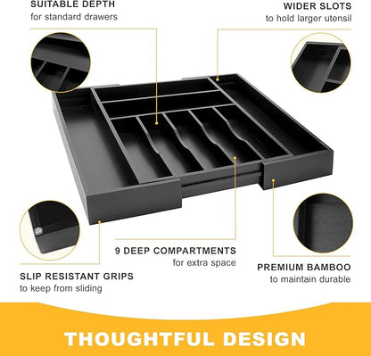 Large Premium Bamboo Silverware Organizer - Expandable Drawer Organizer & Utensil Organizer - 17"x19.7" Cutlery Tray with Dividers for Kitchen Utensils and Flatware (7-9 Slots) (Black)