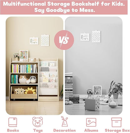 COZPAW Kids Bookshelf and Toy Storage, 4 Tier Toddler Bookshelf with Movable Drawer (Oak)