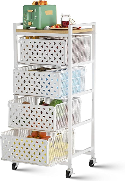 5 Tier Kitchen Storage Cart with Wheels, Utility Fruit Vegetable Storage Rack Stand with Pull-Out Baskets & Wood Top, Metal 4-Drawers Rolling Snack Cart, Kitchen Cart for Potato Onion(White)