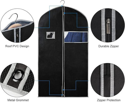 Syeeiex 40" Suit Bag, Set of 5 Garment Bags for Hanging Clothes, Suit Bags for Closet Storage, Garment Bags for Storage Suits,T-shirts, Jackets and Coats(Black & Grey)