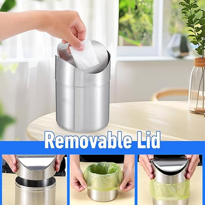 MAQUITA 2 Pcs Desk Trash Can with Swing Lids, 2L Brushed Stainless Steel Countertop Garbage Bin Small Wastebasket with Lid for Office Desk, Coffee Table