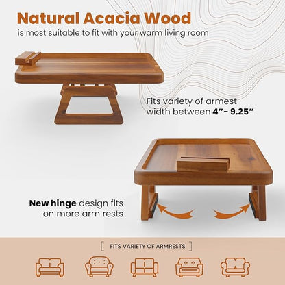 Tinamo 15.7" x 11" Large Couch Arm Table with 360 Rotating Phone Holder - Sofa Arm Clip Table for Living Room - Sofa Armrest Tray Wide Couches - Wooden Side Tables for Eating and Drink (Acacia Wood)