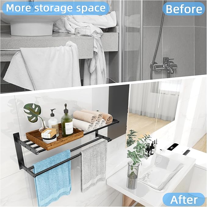 Bathroom Towel Rack 24", 2 Tier Towel Racks for Bathroom Wall Mounted, Bathroom Shelf with Double Towel Bar, Stainless Steel Towel Storage for Bathroom Lavatory Towel Holder Hanger, Black