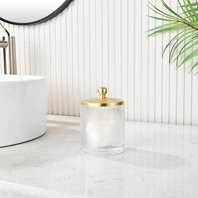 Indecor Home Clear Transparent Apothecary Ribbed Geometric Etched Glass Jar W/Gold Lid Cover for Bathroom Organization, Cotton Balls, Q Tips, and Small Accessories, Bathroom Storage