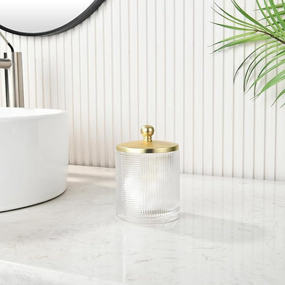 Indecor Home Clear Transparent Apothecary Ribbed Geometric Etched Glass Jar W/Gold Lid Cover for Bathroom Organization, Cotton Balls, Q Tips, and Small Accessories, Bathroom Storage