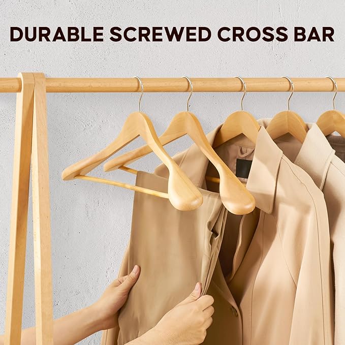 ELONG HOME Suit Hangers, 6 Pack Heavy Duty Wooden with Extra Wide Shoulder, 17.5" Luxury Coat for Closet, Natural with 360 Swivel Hook & Strong Pant Bar