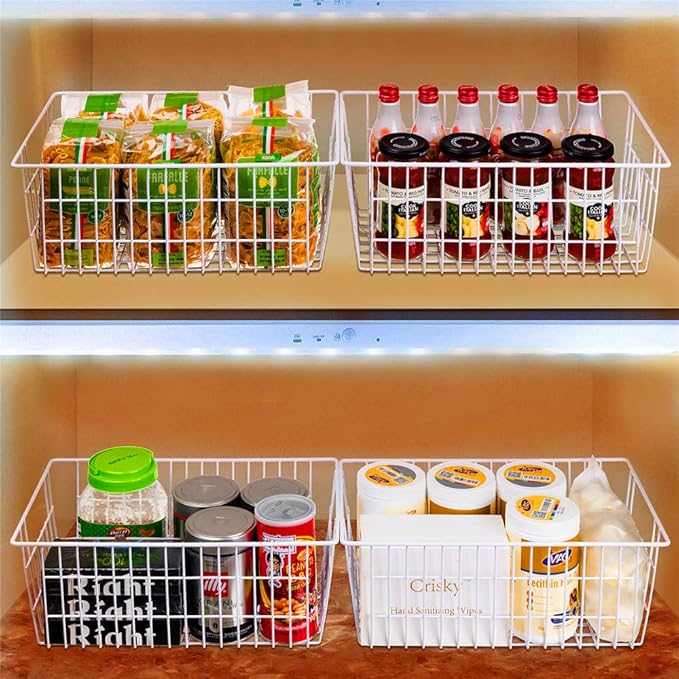 SANNO 15.7" Freezer Baskets Wire Storage Baskets Bin Organizer Food,Kitchen, Basket Organizers Bins for Home, Bathroom, Closet Organization, white,set of 4